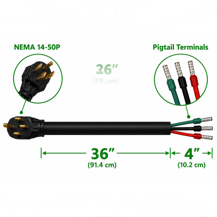 EVGreen 40" NEMA 14-50P EV Pigtail Cord, 40A/50A