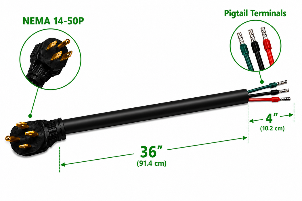 EVGreen 40" NEMA 14-50P EV Pigtail Cord, 40A/50A