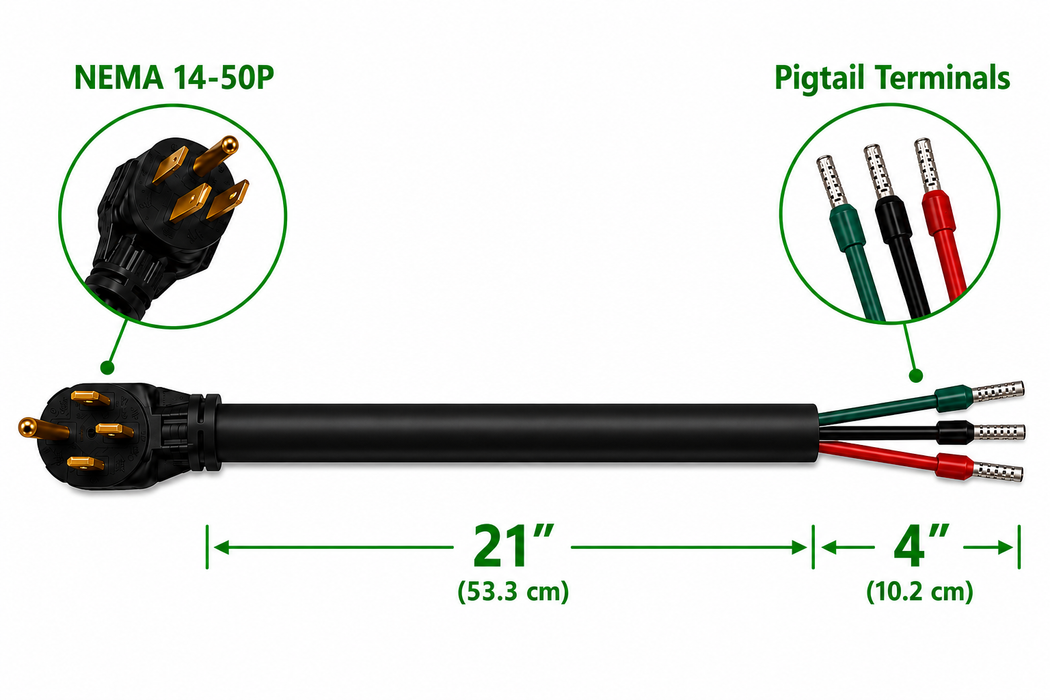 EVGreen 25" NEMA 14-50P EV Pigtail Cord, 40A/50A